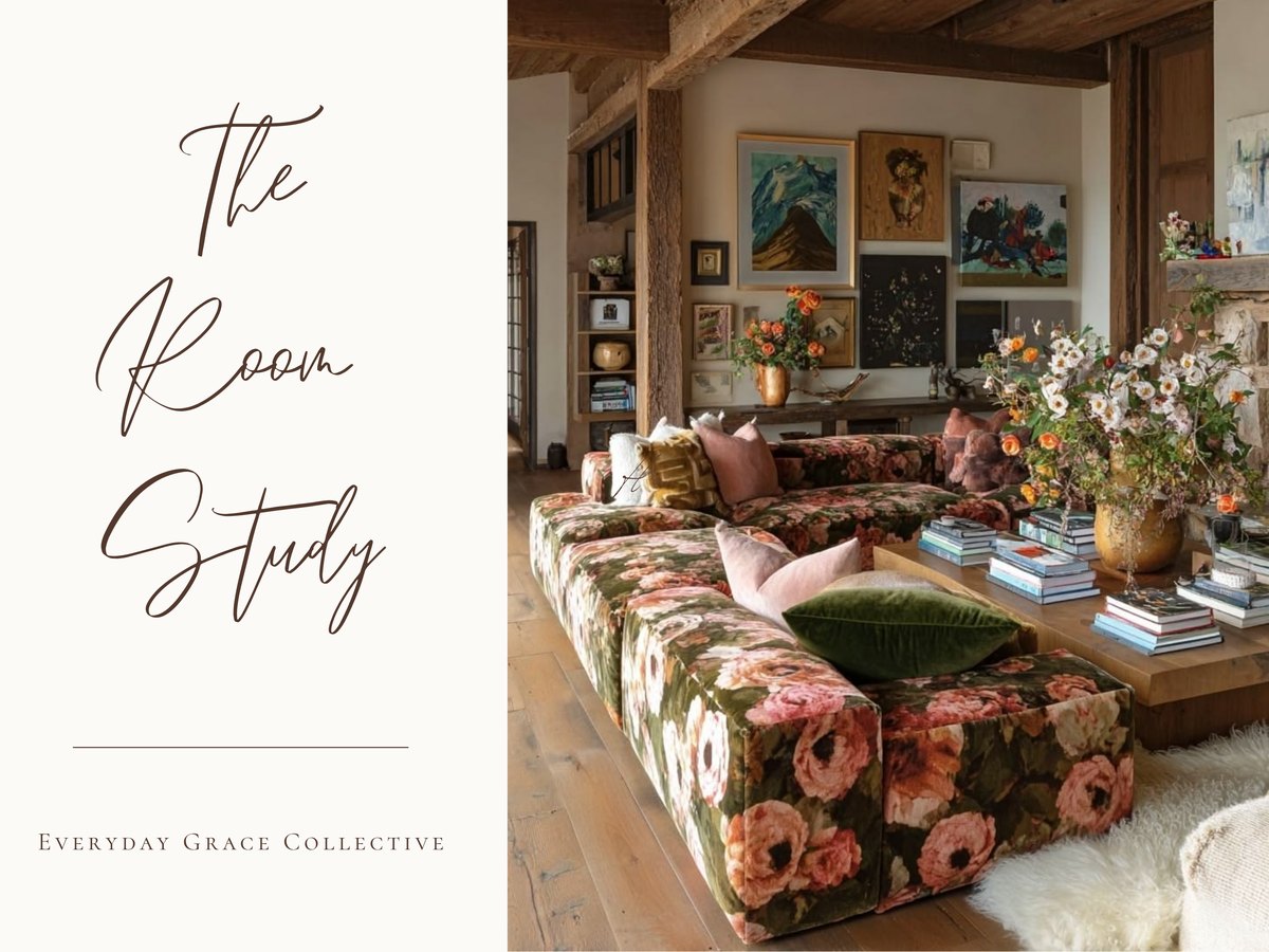 The Room Study cover: a script title card beside a photograph of an eclectic country living room — a large floral velvet sectional in olive, pink, and rust, under timber ceiling beams, with a gallery wall of paintings, an armful of wildflowers, and stacked books on a low wood table
