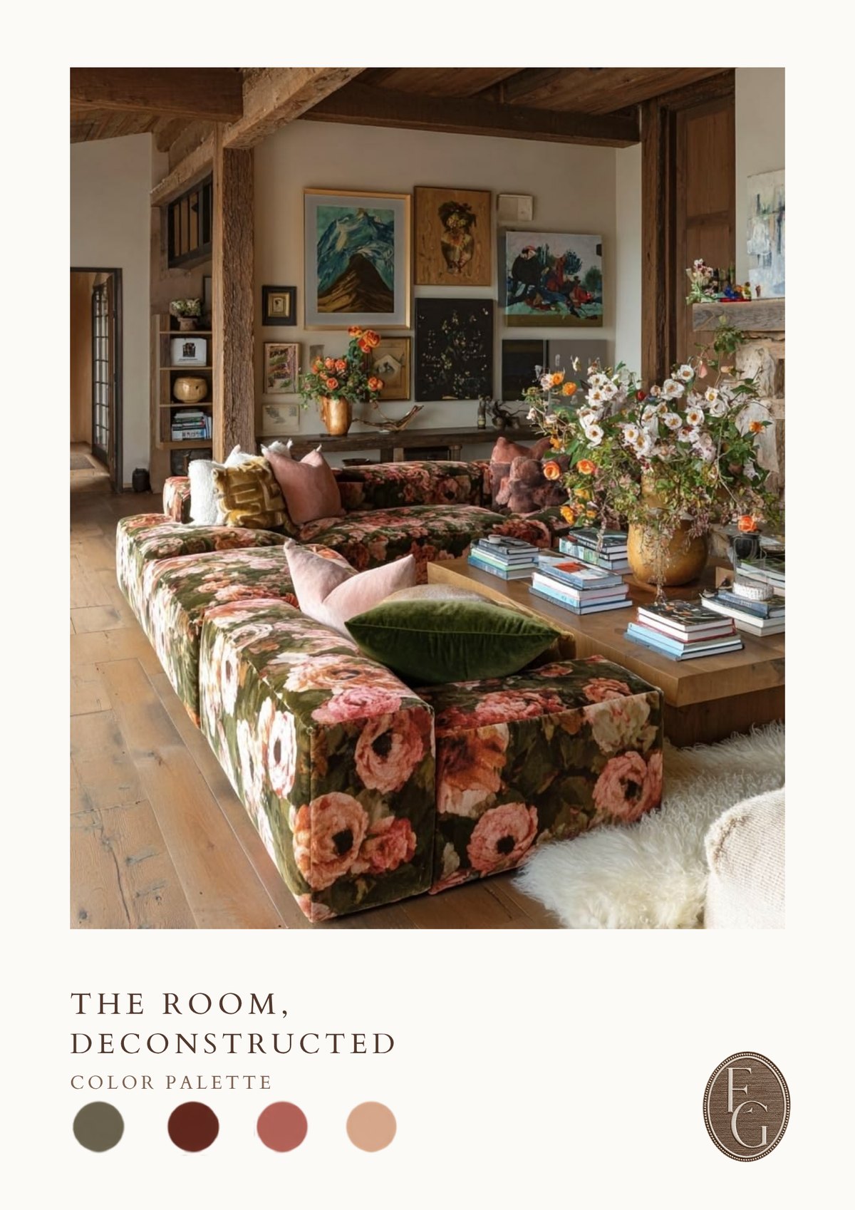 A corner of an eclectic country living room: an olive velvet sofa scattered with faded floral pillows, a worn pink floral rug, a reclaimed wood table stacked with books and wildflowers, under a gallery wall of mismatched framed art